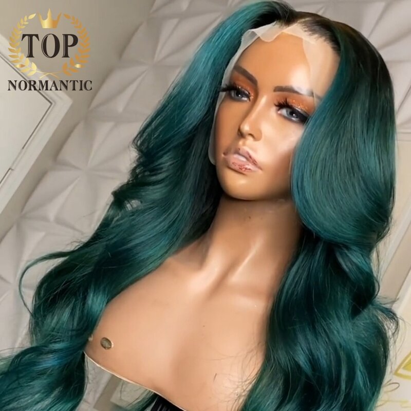 Topnormantic-peruca brasileira de onda corporal para mulheres, linha fina pré-arrancada, cabelo humano remy, cor verde escuro, perucas dianteiras 13x6