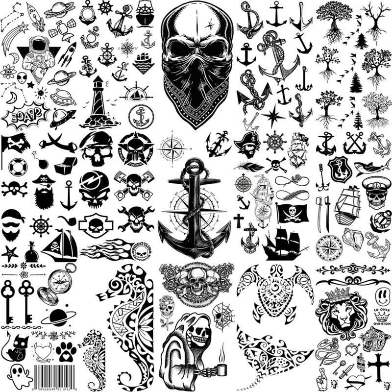 Tatuajes temporales de calavera pirata con ancla para mujeres, hombres, niños, barco astronauta, caballito de mar, tatuaje falso, cuello, brazo, mano, tatuaje pequeño