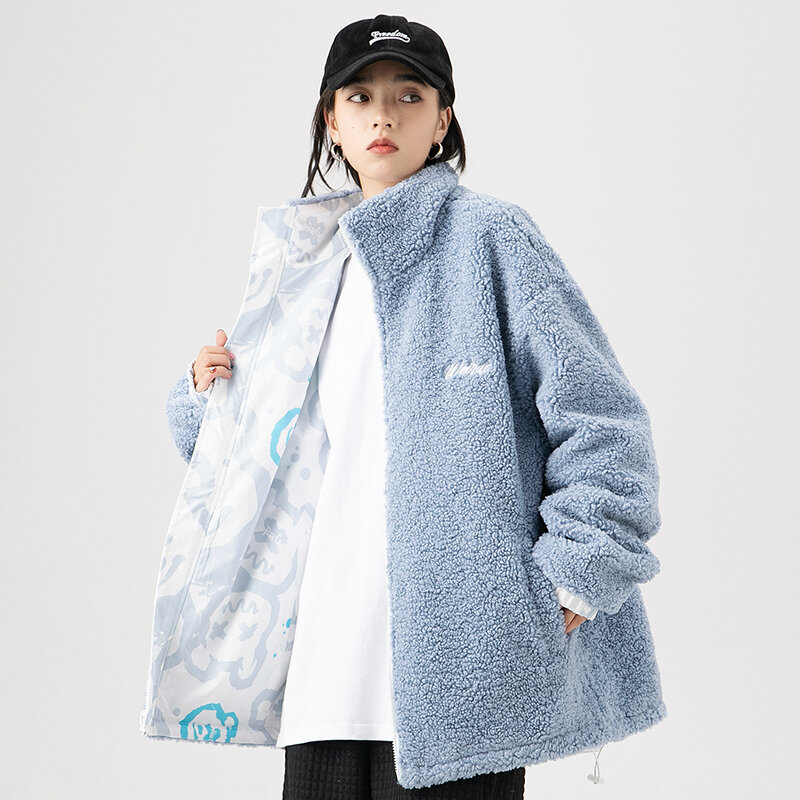 남성용 겨울 코트 여성용 양면 스탠드 칼라 베버 플리스 패딩 커플 자켓 코트 2021 인쇄 패션 겉옷
