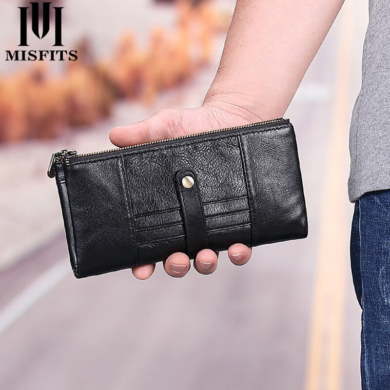 MISFITS New Genuine Leather Multifunctional Long Wallet Cow Zipper Money Clip Large Capacity Purse Card Holder Handmade