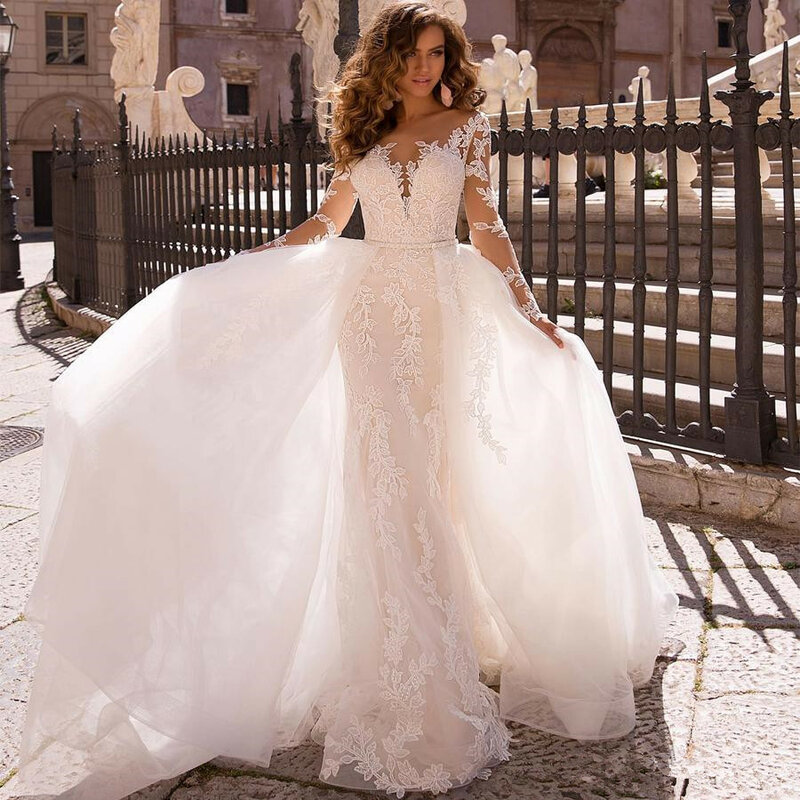 Suknie ślubne syrenka z odpinanym pociągiem długie rękawy aplikacja z koronki dekolt suknia ślubna suknie Vestidos De Novia Sexy White