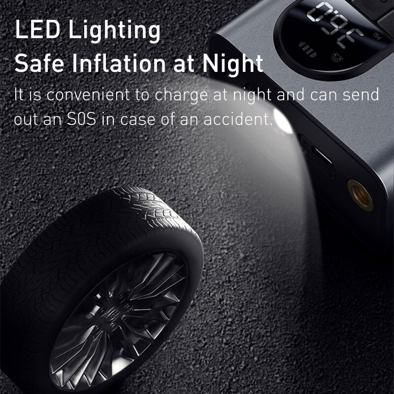Baseus Car Air คอมเพรสเซอร์ยาง Inflator ปั๊ม LED โคมไฟสำหรับรถจักรยานยนต์จักรยานยางปั๊มพองแบบพกพา