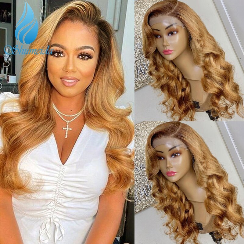 Shumeida Ombre Honey Blonde Color 13*6  Lace Front Wigs with Baby Hair Peruvian Remy Brown Human Hair Wigs Body Wave 4*4 Wigs