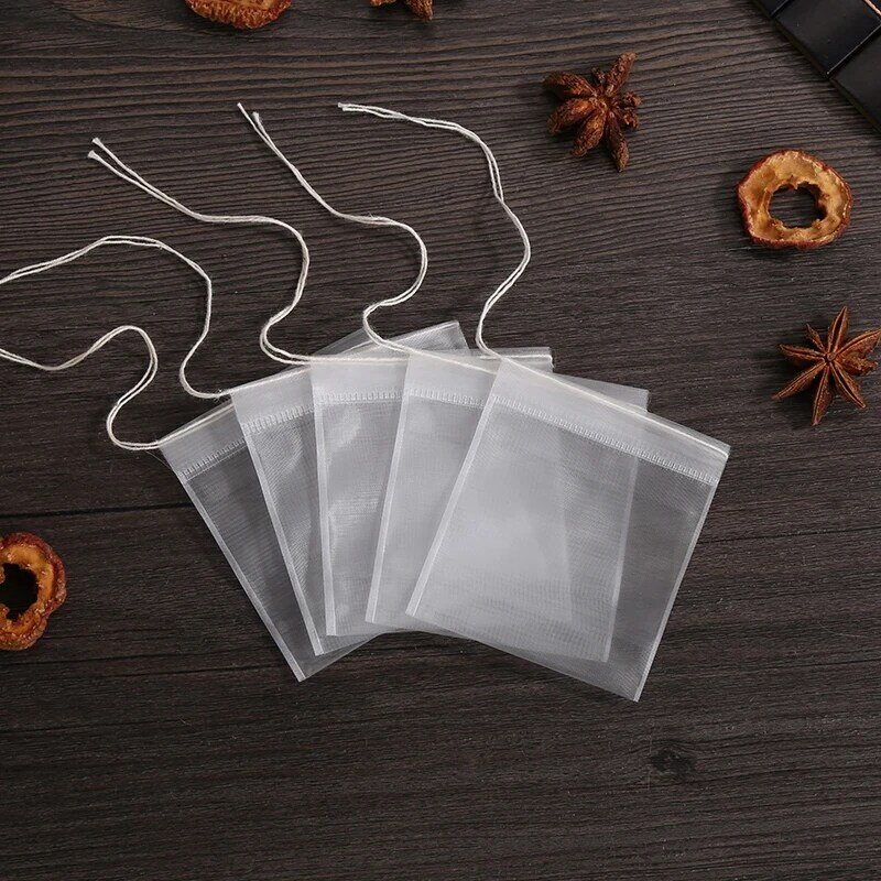 Bolsas de té vacías de nailon transparente, bolsitas de té desechables con filtro de sello de cuerda, para especias, hierbas y té Suelto