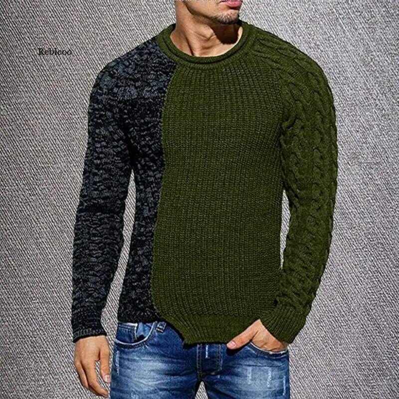 Men Sweater Fashion Round Neck Color Matching Long Sleeve Wild Pullover Slim Patchwork Sweater Mens Spring Winter