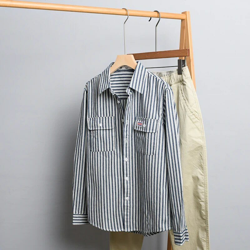 Chemise à manches longues rayée pour homme, haut confortable et tendance, 100% coton