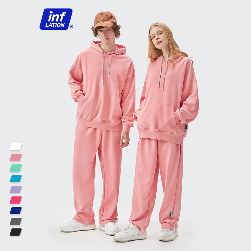 INFLATION Couple – ensemble à capuche surdimensionné, couleur bonbon, en coton, pour homme, Streetwear urbain, survêtement Hip Hop, survêtement