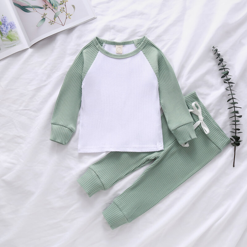 2Pcs Newest Cotton Infant Baby Girls Boys Clothes Set Ribbed Stripe Long Sleeve Tops+Pants Outfits Suit Toddler Casual Clothing