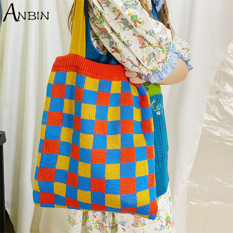 Women Shoulder Bags Knitted Color Checkerboard Shopping Bag Design Tote Female Winter Fashion Weave Woolen Plaid Folding Handbag