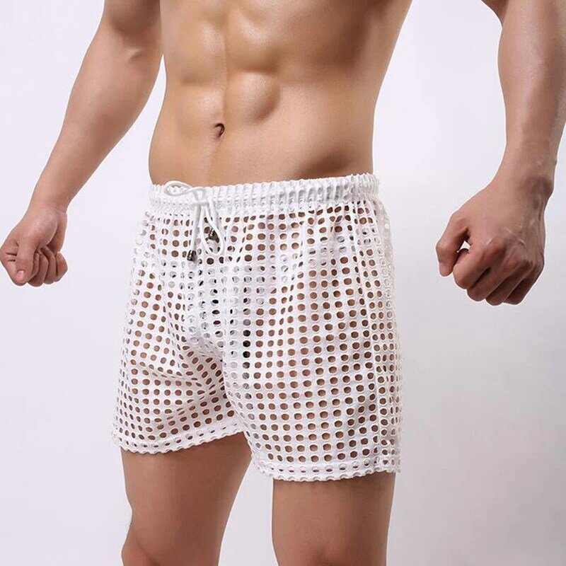 Pijama Sexy para Hombre, ropa de dormir de malla grande, transparente, para estar en casa, pantalones cortos de dormir, parte inferior
