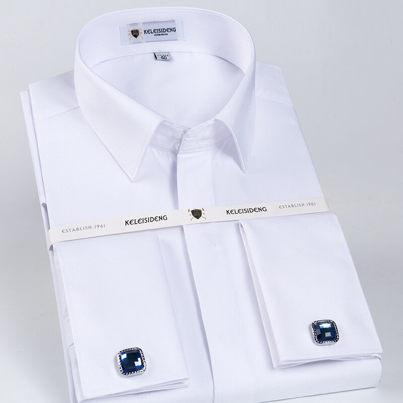 Мужская классическая деловая рубашка, белая классическая рубашка с французскими манжетами и потайными пуговицами, с длинными рукавами (запонки в комплекте)