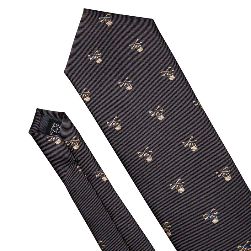 Barry.Wang Fashion Designer Brown Skull Men Tie 8.5cm Silk Tie Handkerchief Set Gift For Men Wedding Groom Business Necktie