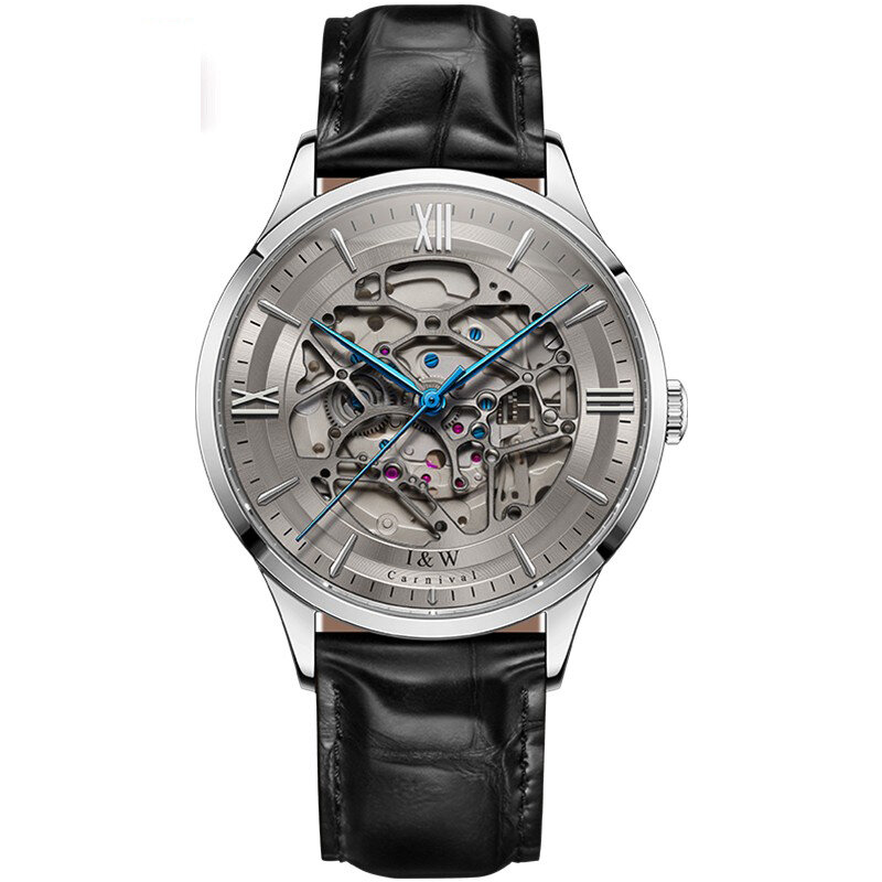 High End Skeleton นาฬิกาผู้ชายสวิสเซอร์แลนด์ยี่ห้อ I & W อัตโนมัตินาฬิกาไพลินหนังกันน้ำ Relogio