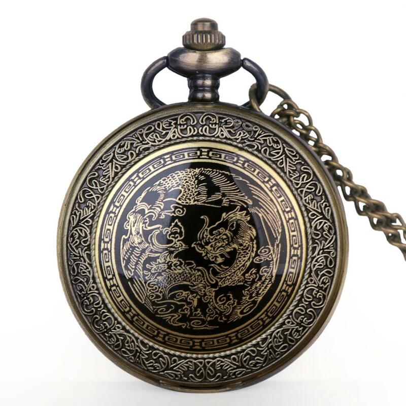 Карманные часы в стиле ретро, с бронзовым рисунком дракона, ожерелье, кулон, кварцевые часы-брелок, подарки для мужчин и женщин