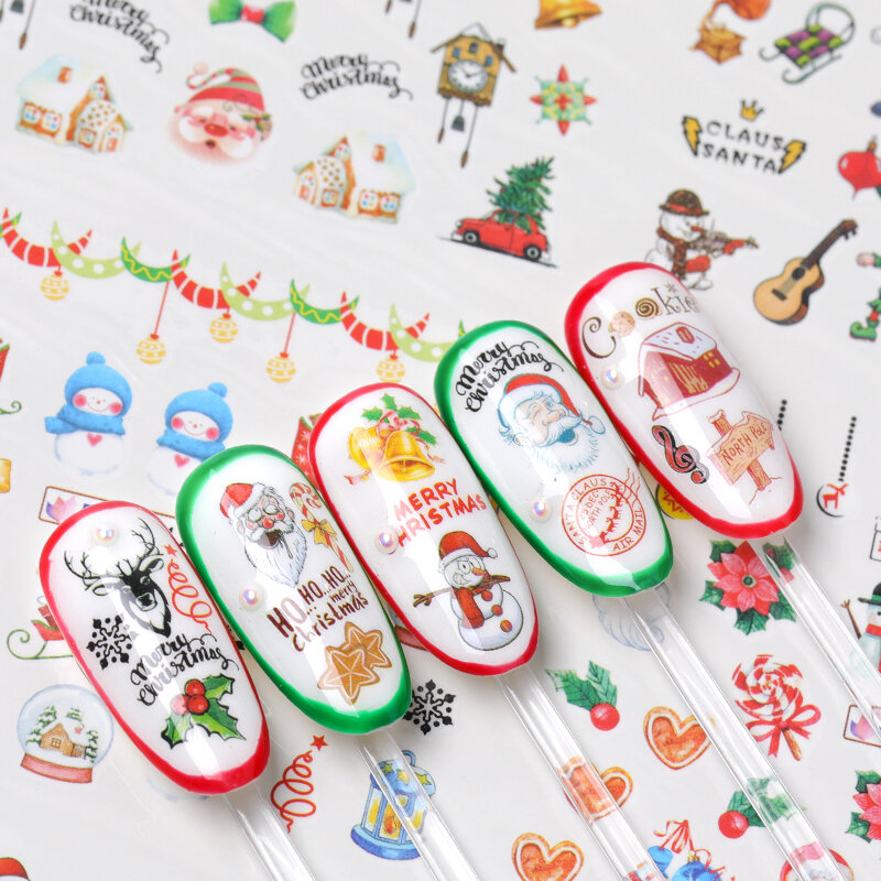 12 pieces Christmas Nail Stickers Water Decals Snowman Santa Claus Nail Art New Year Slider Manicure Full Rounds Tool BN