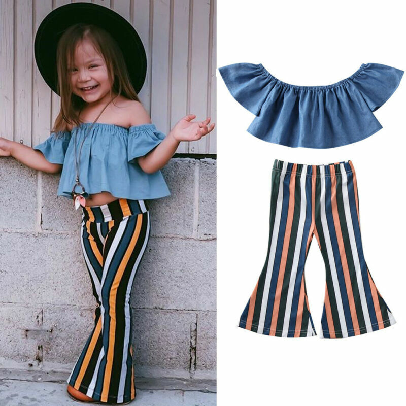 PUDCOCO Children Kids Baby Girls Off Shoulder Ruffles Tops Striped Flared Long Pants Outfit Set 6M-5Y