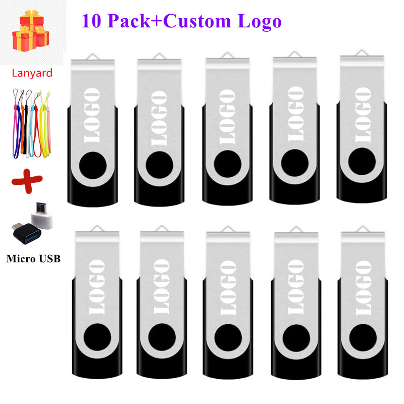 10 Teile/los Individuelles logo 10PCS Swivel Metall USB 2,0-Sticks 8GB Flash Memory Stick 32GB 128GB 16GB-Stick USB Stick Lanyard