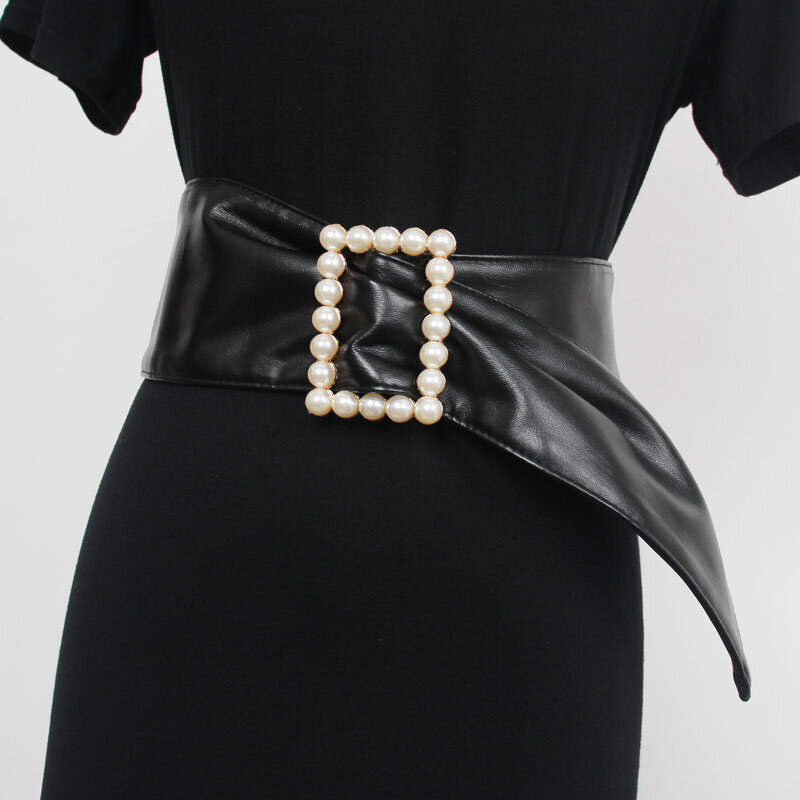 المرأة تصميم جديد أربعة مواسم غطاء الخصر الجلود الاصطناعية حزام الموضة الزخرفية اللؤلؤ مطعمة زر مربع سترة واسعة