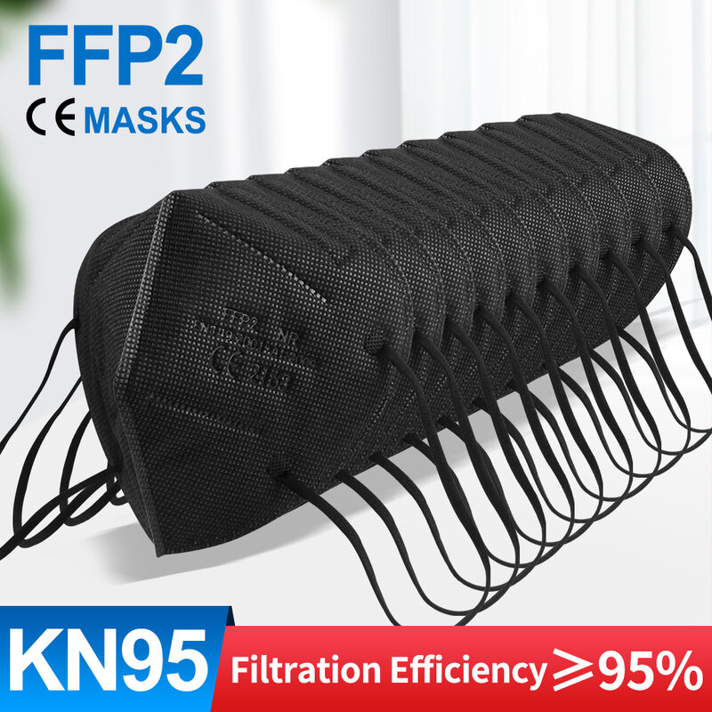 Masque facial KN95 FFP2, 5 couches, filtre anti-poussière, respirateur, noir, pm002, 100