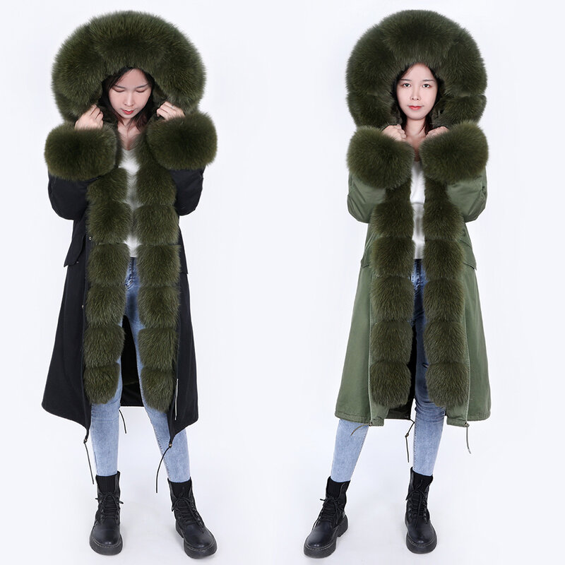 Maomaokong2021-Chaqueta de piel de zorro auténtica natural para mujer, Parkas con capucha, abrigo cálido para invierno, chaqueta para mujer