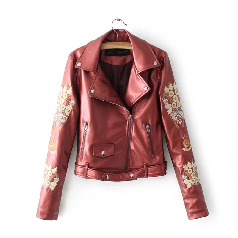 Jaket PU Kulit Imitasi Bordir Wanita Mode Musim Semi Musim Gugur Jaket Motor Jaket Kulit Imitasi Hitam Pakaian Luar Mantel 2019 Populer