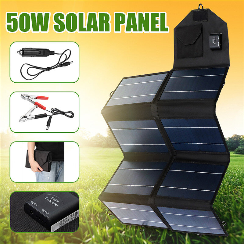 Cargador de Panel Solar de 50W, salida plegable para exteriores, 12V/3A, 5V/2A, doble puerto USB, paneles solares, cargador de coche, teléfono, ordenadores portátiles, batería