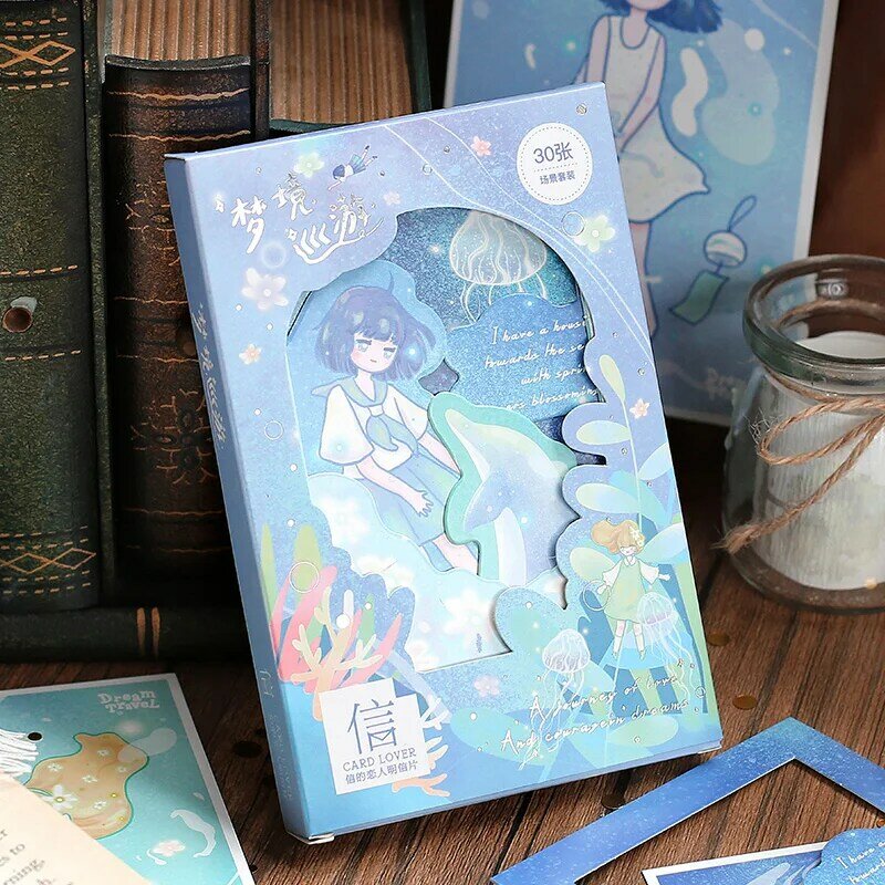 30 Pcs/Set Dream Travel Series Postcard Cartoon Beauty Girl Greeting Cards Wish Card DIY Journal Decoration