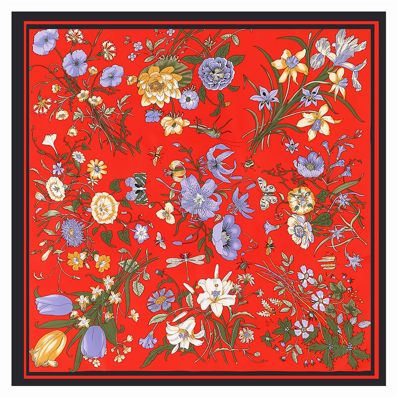 Bufanda de seda de sarga de marca de lujo para mujer, pañuelo cuadrado, diseño Floral, chal de moda, Echarpe, 130cm