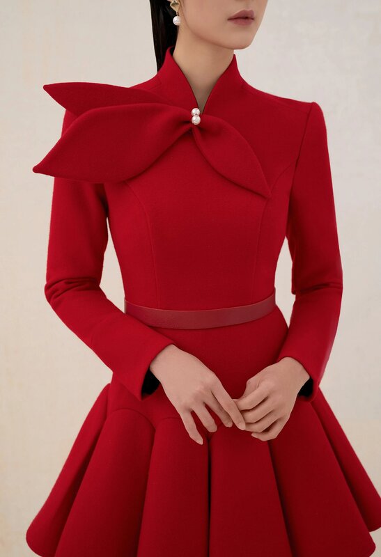 Tailor shop vestido de lana rojo claro Retro delgado para mujer, Vestido ligero de lujo, vestidos semiformales
