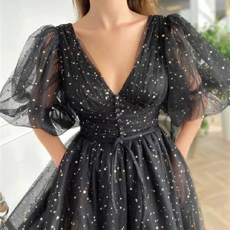 LSYX Black Starry Evening Dresses 2023 V-Neck Short Puffy Sleeve Tea-Length Tulle A-Line Sparkly Party Prom Gown Homecoming
