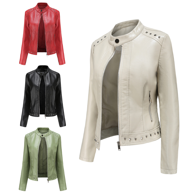 Jaqueta curta de couro PU feminina, casaco rebite manga comprida, jaqueta casual fina, gola alta, nova moda, primavera e outono, 2021