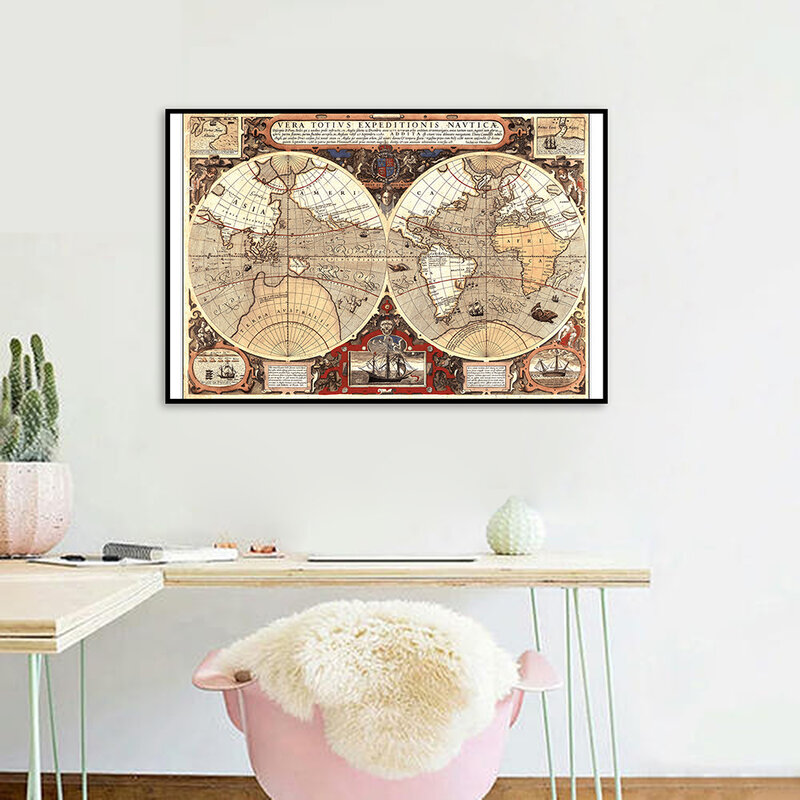 75*50Cm Peta Dunia Lukisan Kanvas Antik Poster Seni Dinding Latin Abad Pertengahan Perlengkapan Sekolah Ruang Tamu Dekorasi Rumah