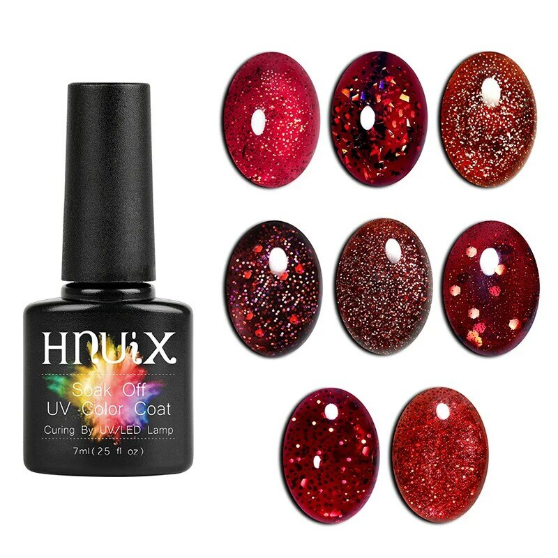 HNUIX 7Ml UV Gel เจลสีแดง Glitter Glitter Soak UV เจลสีทาเล็บเล็บเล็บ DIY เล็บ art Gel Lacquer