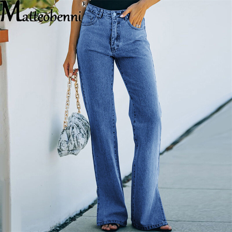 Jeans dritti dritti da donna 2021 nuovi abiti femminili autunnali pantaloni a vita alta da donna lavati Streetwear Casual Vintage