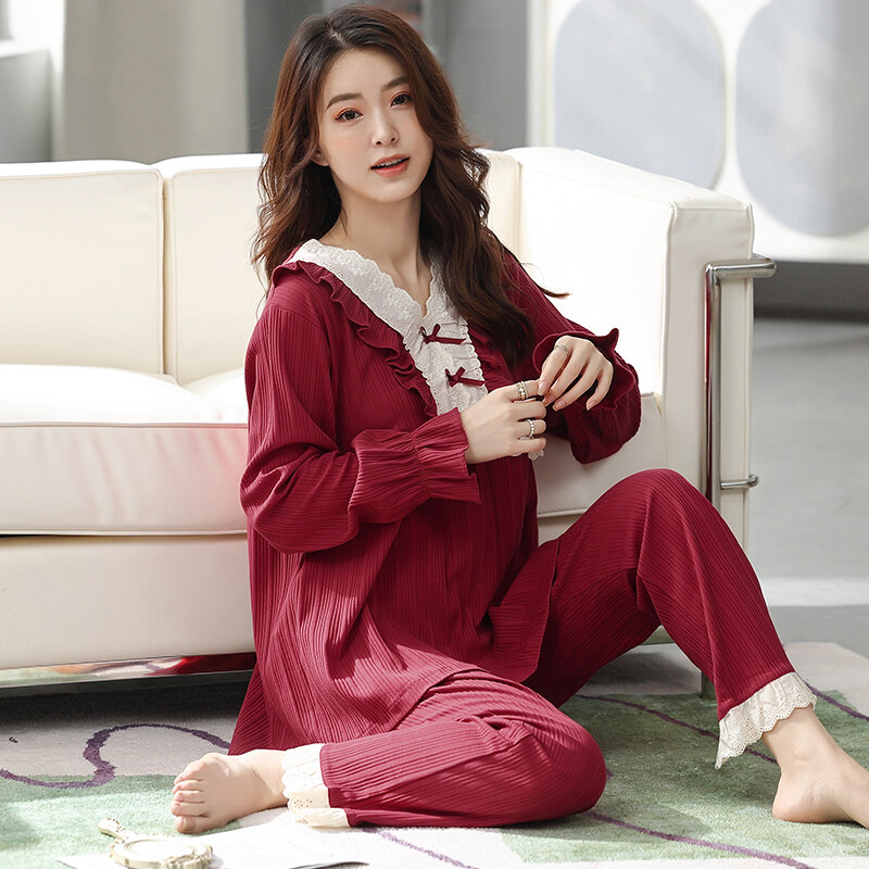 Trẻ Trung Nữ Cổ Chữ V Bộ Đồ Ngủ Thu Xuân Full Cotton Đồ Ngủ Màu Đỏ Đô Công Chúa Phối Ren Tay Dài Pyjamas Nhà Nữ Phù Hợp Với