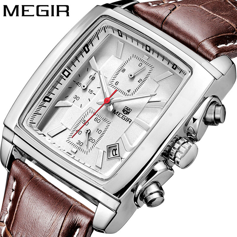 Мужские многофункциональные спортивные часы MEGIR, с кожаным ремешком и прямоугольным циферблатом, светящиеся часы