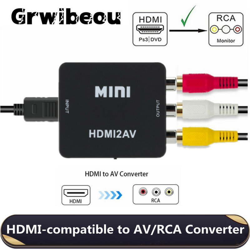 Grwibeou 1080P HDMI-متوافق مع محول RCA AV/CVSB L/R صندوق فيديو HD 1920*1080 HDMI2AV دعم NTSC PAL إخراج HDMI إلى AV