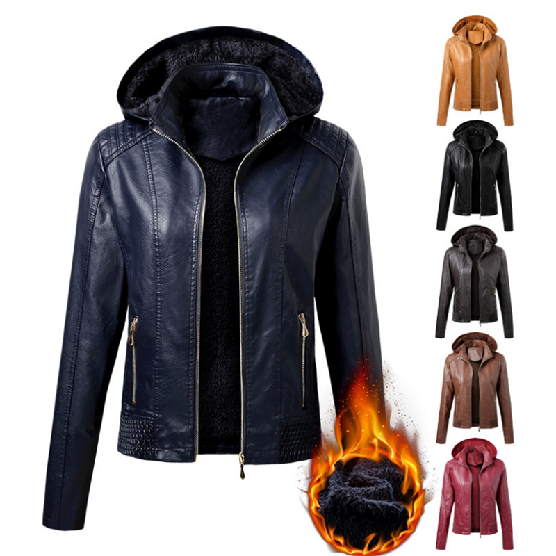 Damskie płaszcz skórzany PU, kołnierz z kapturem, aksamitne, krótkie, utrzymujące ciepło, moda, jesień, zima, S-XL, nowość