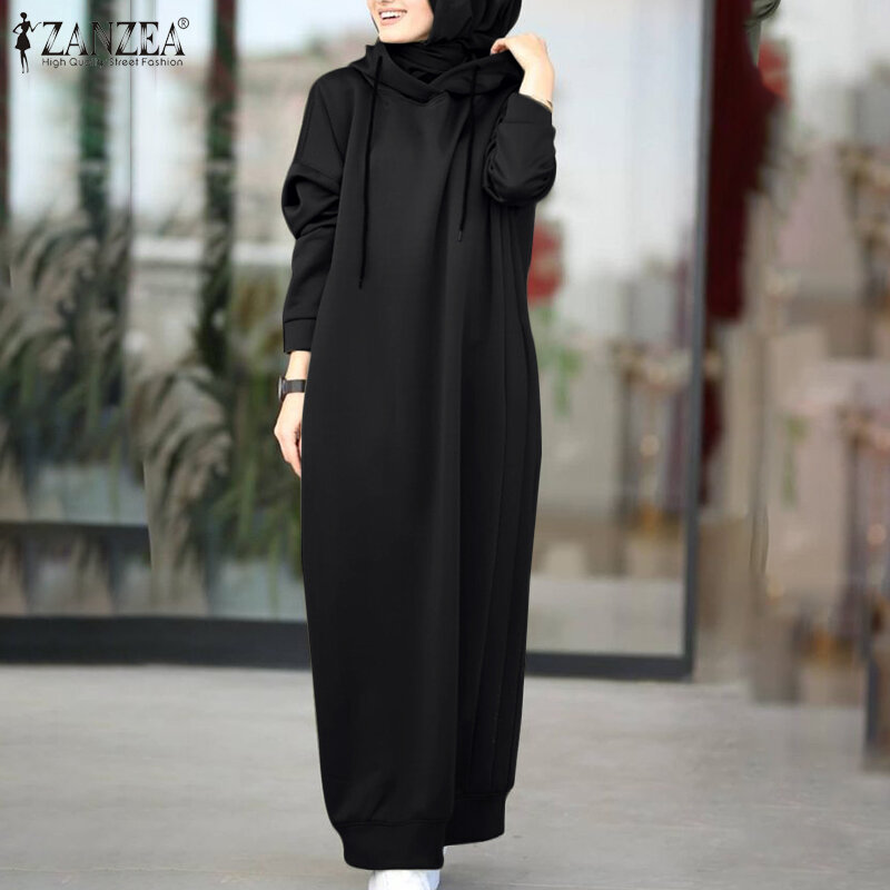 Women Winter Pullovers ZANZEA 2023 Stylish Hooded Hoodies Dress Casual Long Sleeve Maxi Vestidos Female Drawstring Robe Femme