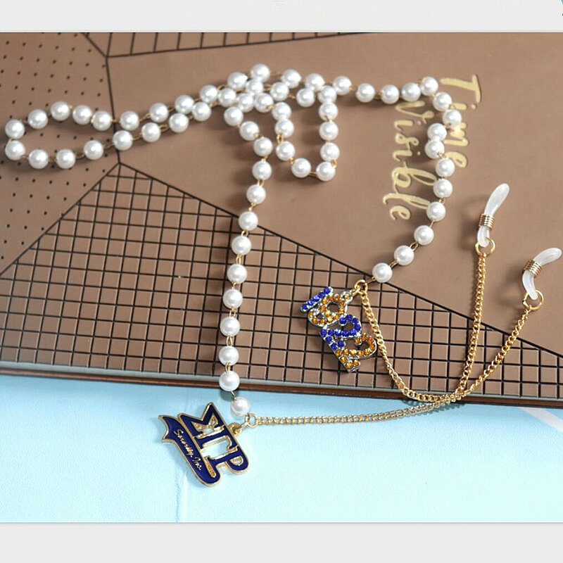 Cadena de perlas blancas, cadena de letras griegas Sigma gama 1922, máscara para Club, cadena de gafas de sol