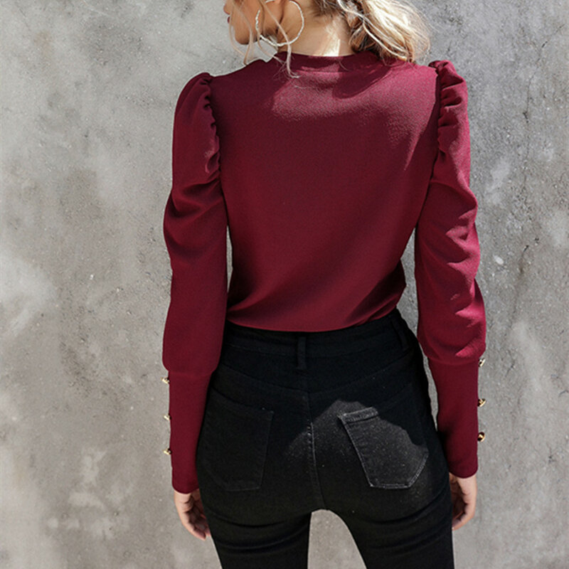 Autumn Winter Casual Slim Top And Blouse Women Solid O-Neck Long Puff Sleeve With Button Shirts Elegant Office Ladies Blouses