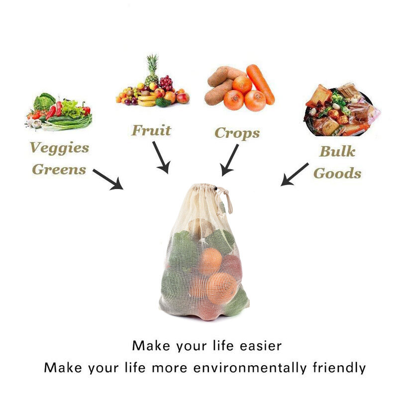 Bolsa reutilizable de algodón de malla bolsas de verduras para almacenamiento de verduras de frutas bolsas de malla con cordón reutilizable bolsa de compras