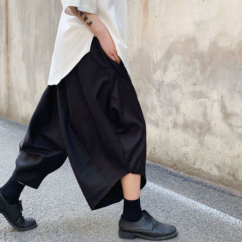 Летние черные брюки с шаговым швом, повседневные брюки-кюлоты, расклешенные брюки, шорты для молодых парикмахеров Yamamoto