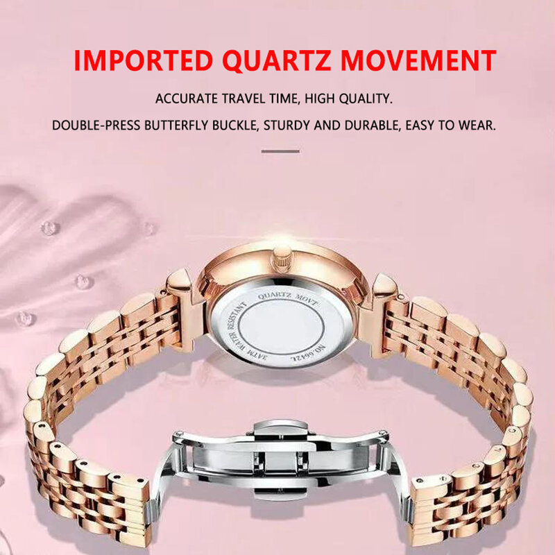 女性のためのファッショナブルなステンレス鋼の時計,ユニークなピンクゴールドのブレスレット,防水,発光,新しいコレクション