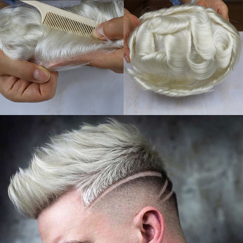 100% Remy Menschenhaar Toupet 30mm Welle Platin Blonde Farbe Haarteile Durable 8x10 "60 # Ersatz perücke Für Männer Täglichen Gebrauch
