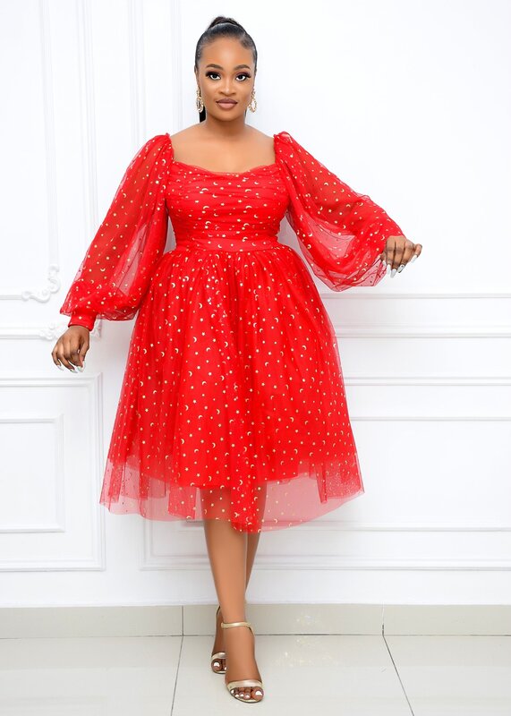 فساتين أفريقية للنساء 2021 وصول جديد المرأة الأفريقية طويلة الأكمام فستان أحمر اللون الملابس الأفريقية