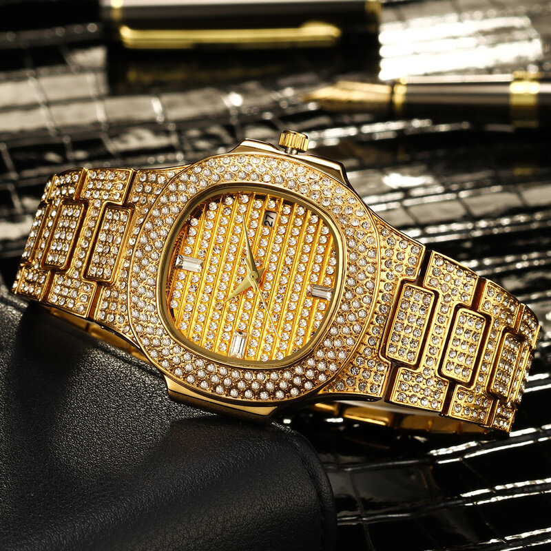 MISSFOX Top Luxus Marke Mode 18K Gold Volle Dimaond Dekoriert Frauen der männer Stahl Quarz Wasserdichte Iced Out paar Uhr männer