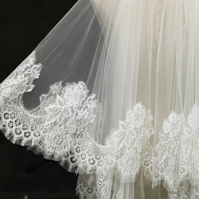 Nuzk véu de noiva com blusher duas camadas véu de renda curto véus de casamento capa frontal e traseira cotovelo comprimento laço véu