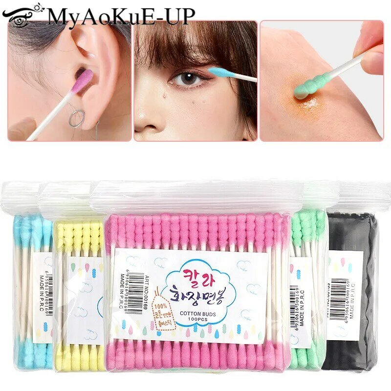 100pcs Disposable Cotton Swab Eyelashes Microbrush Pink Ear Clean Wooden Sticks Rod Makeup Remover Cotton Buds Cosmetic Tools