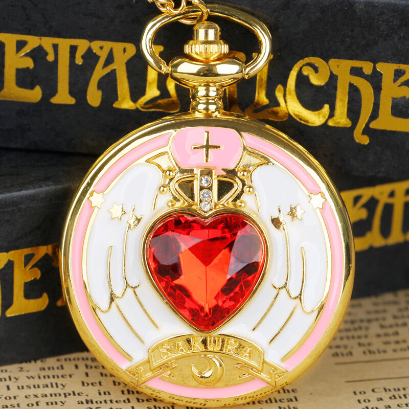 레드 사쿠라 애니메이션 코스프레 포켓 시계 고리 체인 목걸이 포켓 시계, 소녀를 위한 선물 레이디 기념품